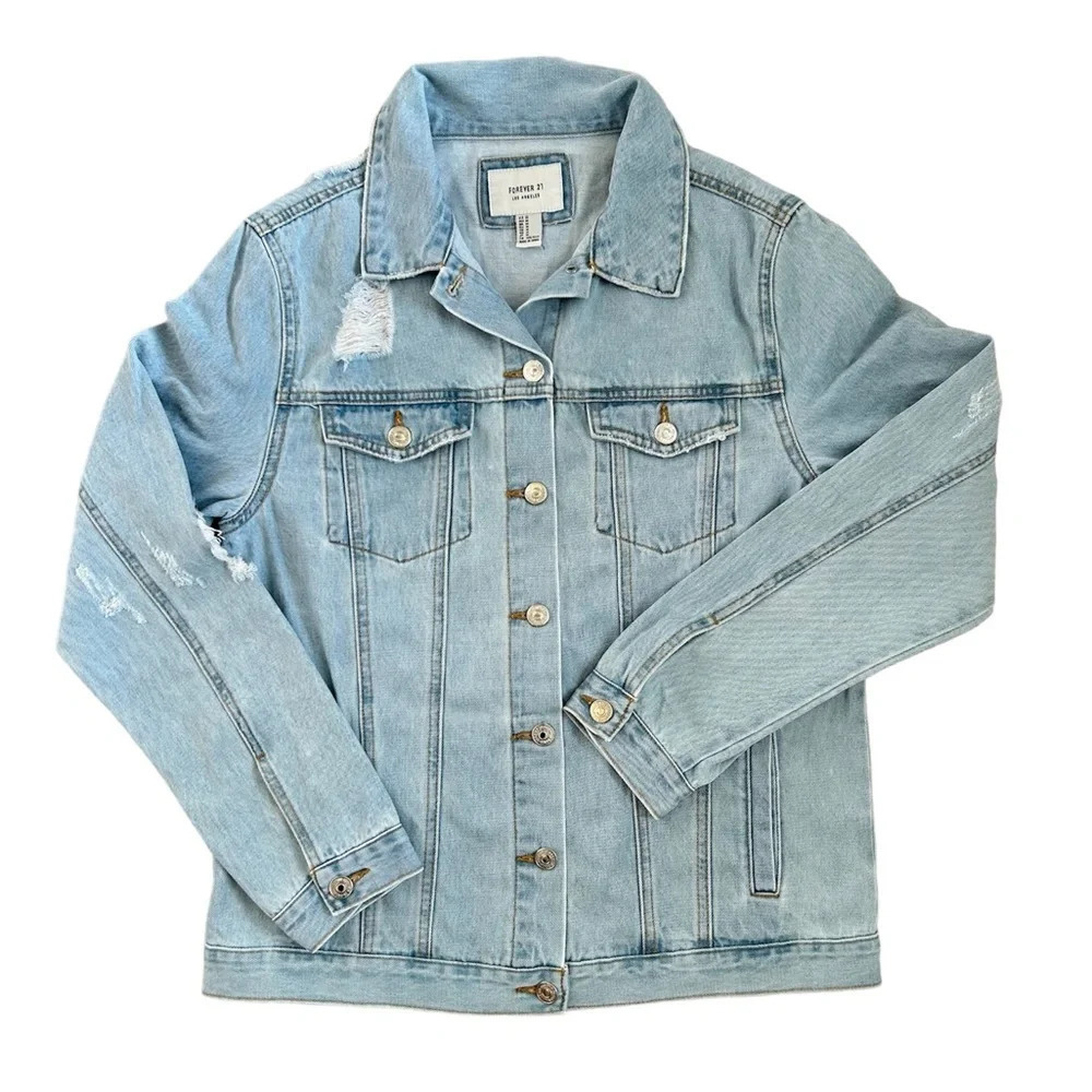 Forever 21 Distress Light Wash Blue Denim Jacket Size Medium